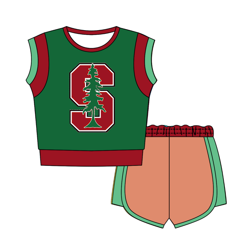 CUSTOM MOQ 5 Cute Comfortable Clothing For Kids Baby Kids Summer Green S Sleeveless Patchwork Top Lace-up Shorts Clothes Sets