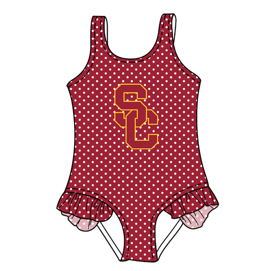 CUSTOM MOQ 5 Cute Comfortable Clothing For Kids Summer Baby Girls Red SC Polka Dots Ruffle Team One Piece Swimsuits