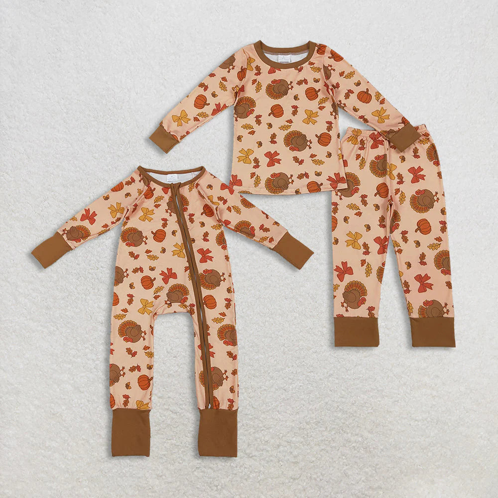 10.27 RTS Sibling Baby Girls Turkey Pumpkins Top Pant Thanksgiving Pajamas Sets Zip Rompers