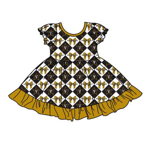 CUSTOM MOQ 5 Baby Girl Khaki Bow Plaid Short Sleeve Team Knee Length Dresses