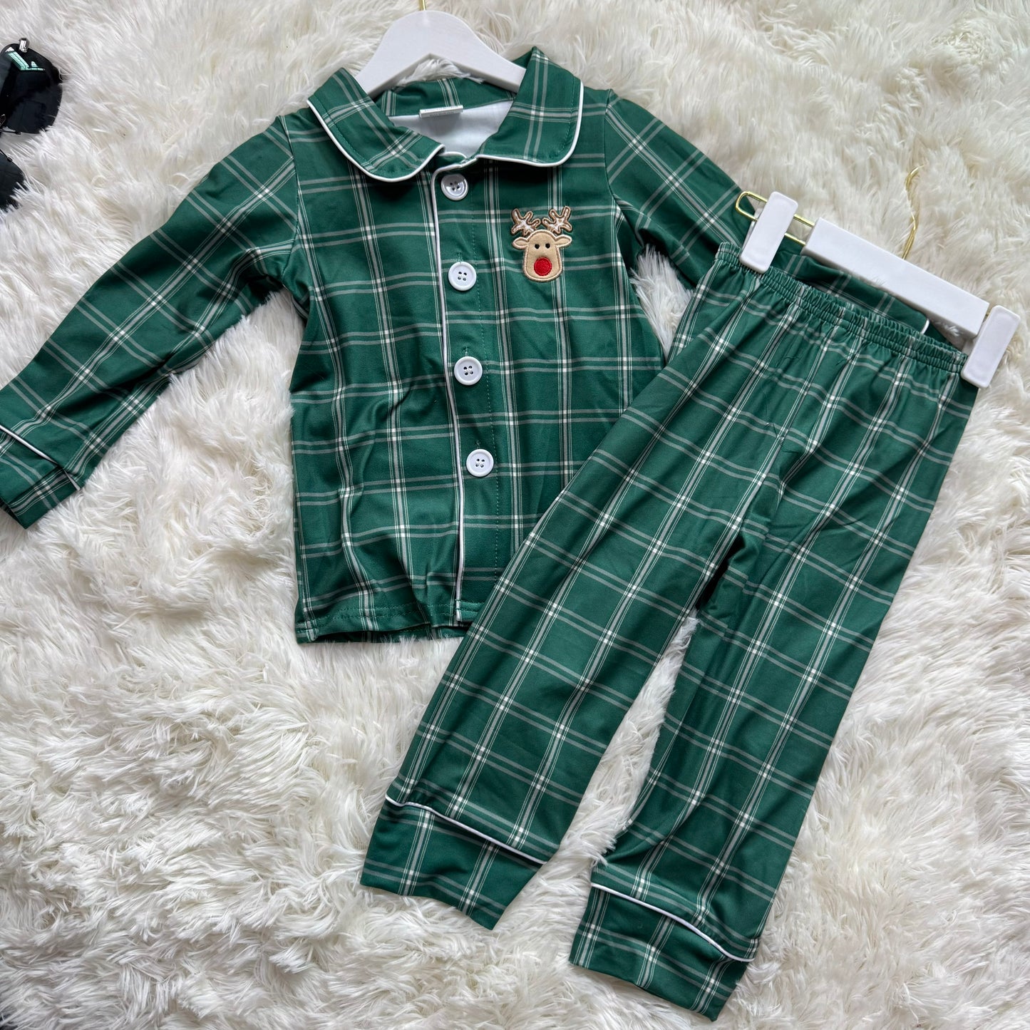 10.31 RST BLP0545 Embroidery Baby Boys Christmas Checkered Deer Buttons Top Pants Pajamas Sets