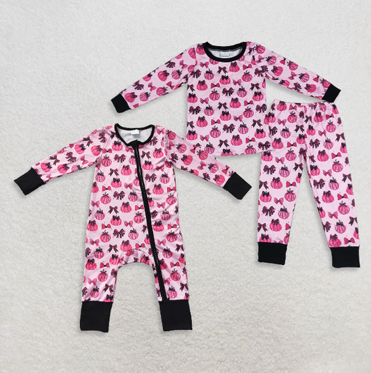RTS NO MOQ Sibling milk silk Baby Girls Pink Bow Pumpkin Top Pants Pajamas Clothes Set Two Way Zip Convertible Rompers
