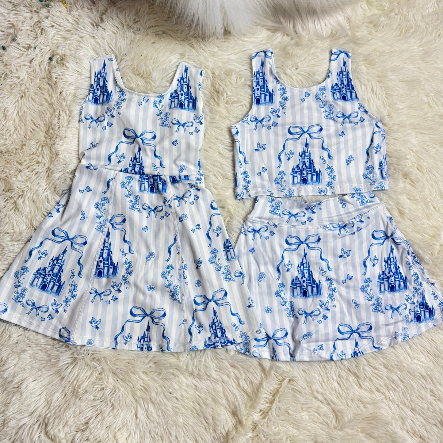 12.16 RST Baby Girls Blue Bows Castles Checked Yoga Active Shorts Knee Length Dresses Clothes Sets