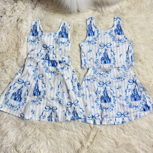 12.16 RST Baby Girls Blue Bows Castles Checked Yoga Active Shorts Knee Length Dresses Clothes Sets