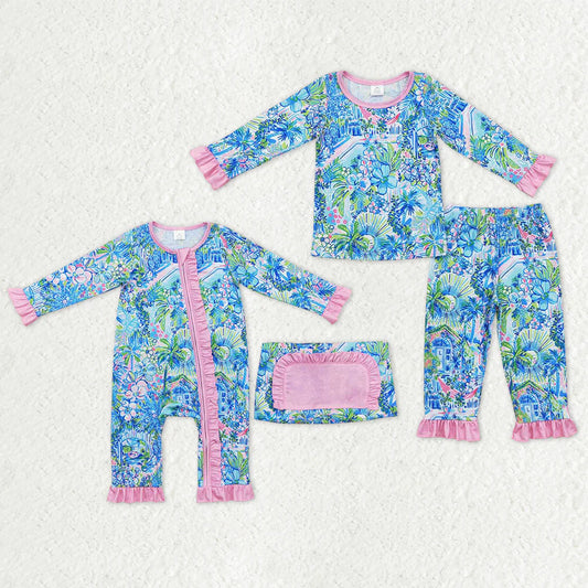 12.3 RTS Sibling Baby Girls Blue Floral Ruffle Pant Bamboo Pajamas Sets Zipper Footie Rompers