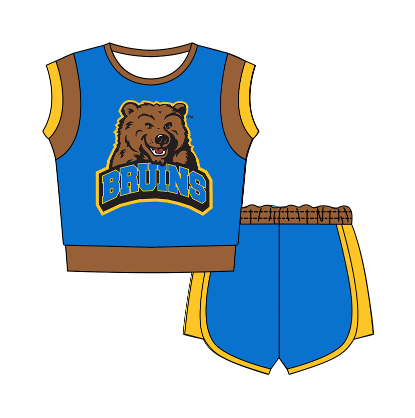 CUSTOM MOQ 5 Cute Comfortable Clothing For Kids Baby Kids Summer Blue Brown Sleeveless Patchwork Top Lace-up Shorts Clothes Sets
