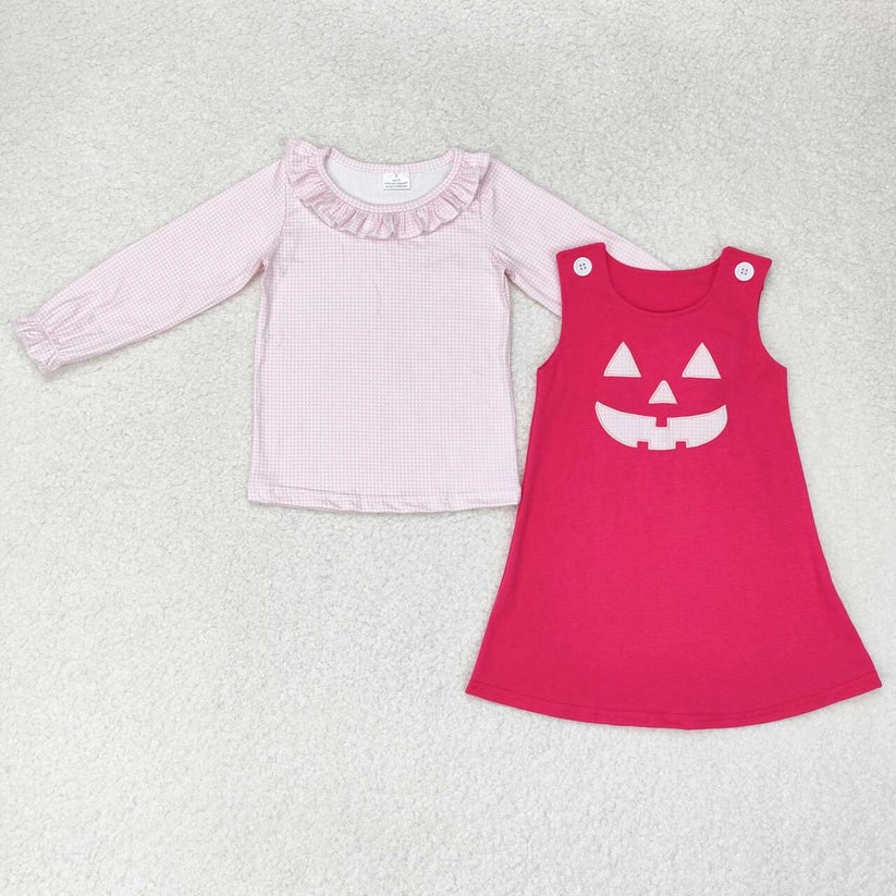 RTS NO MOQ （In stock）Sibling baby girl boy clothes halloween long-sleeved top embroidery smiley face rose red sleeveless dress and romper 2 pieces set