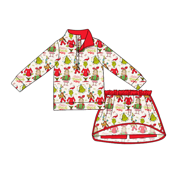 Pre order No Moq Baby Girls Cute Long Sleeve Zip Top Skirt Short Christmas Clothes Sets
