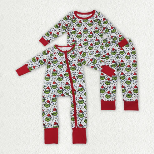 9.17 RTS Sibling Baby Boys Green Faces Lights Christmas Pajamas Sets Zipper Footie Rompers