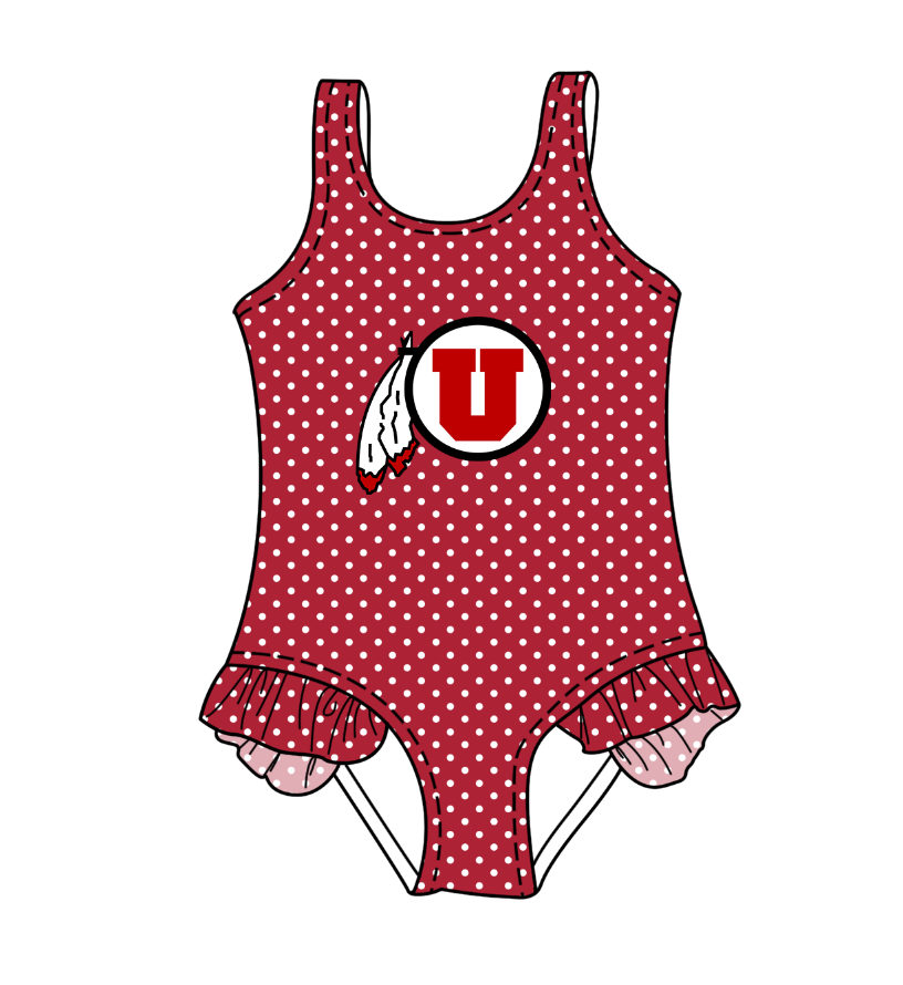 CUSTOM MOQ 5 Cute Comfortable Clothing For Kids Summer Baby Girls Red U Polka Dots Ruffle Team One Piece Swimsuits