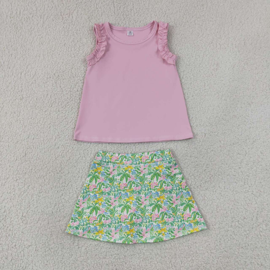 GSD4217（GT1701+GLK0311） RTS NO MOQ （In stock）Yoga Baby Girls Light Pink Cotton Sea World Print Tunic Top Scallop Skort Two Piece Yoga Active Clothes Set
