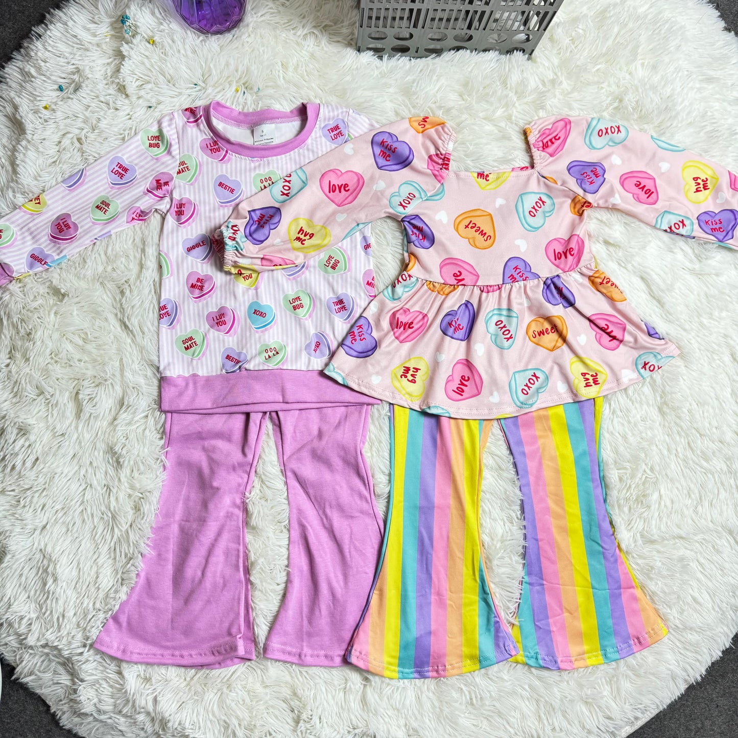 12.20 RST Sibling Baby Girls Pink Stripe Colorful Hearts Top Bell Bottom Pants Valentines Clothes Sets