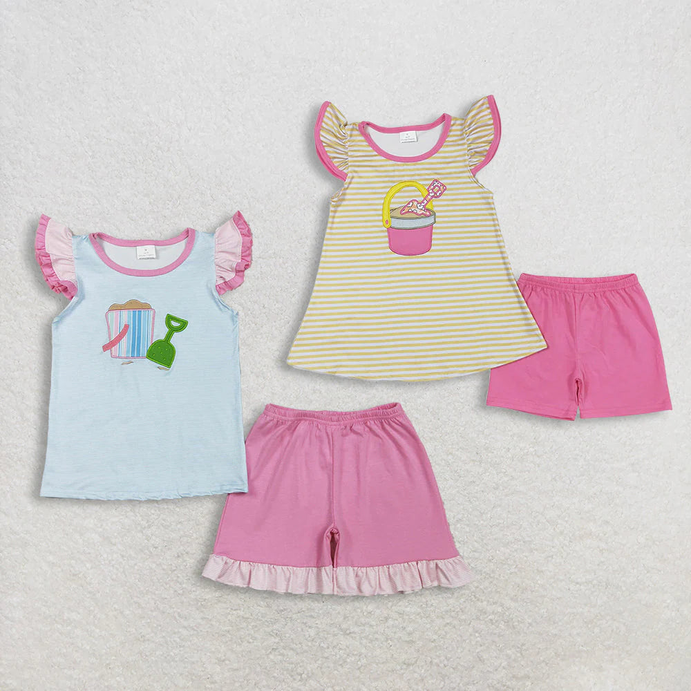 2.11 RTS Sibling Baby Girls Embroidery Beach Stripe Tunic Ruffle Shorts Clothes Sets