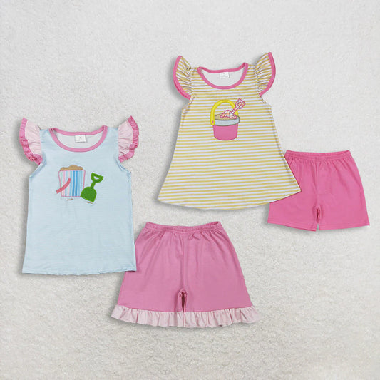 2.11 RTS Sibling Baby Girls Embroidery Beach Stripe Tunic Ruffle Shorts Clothes Sets
