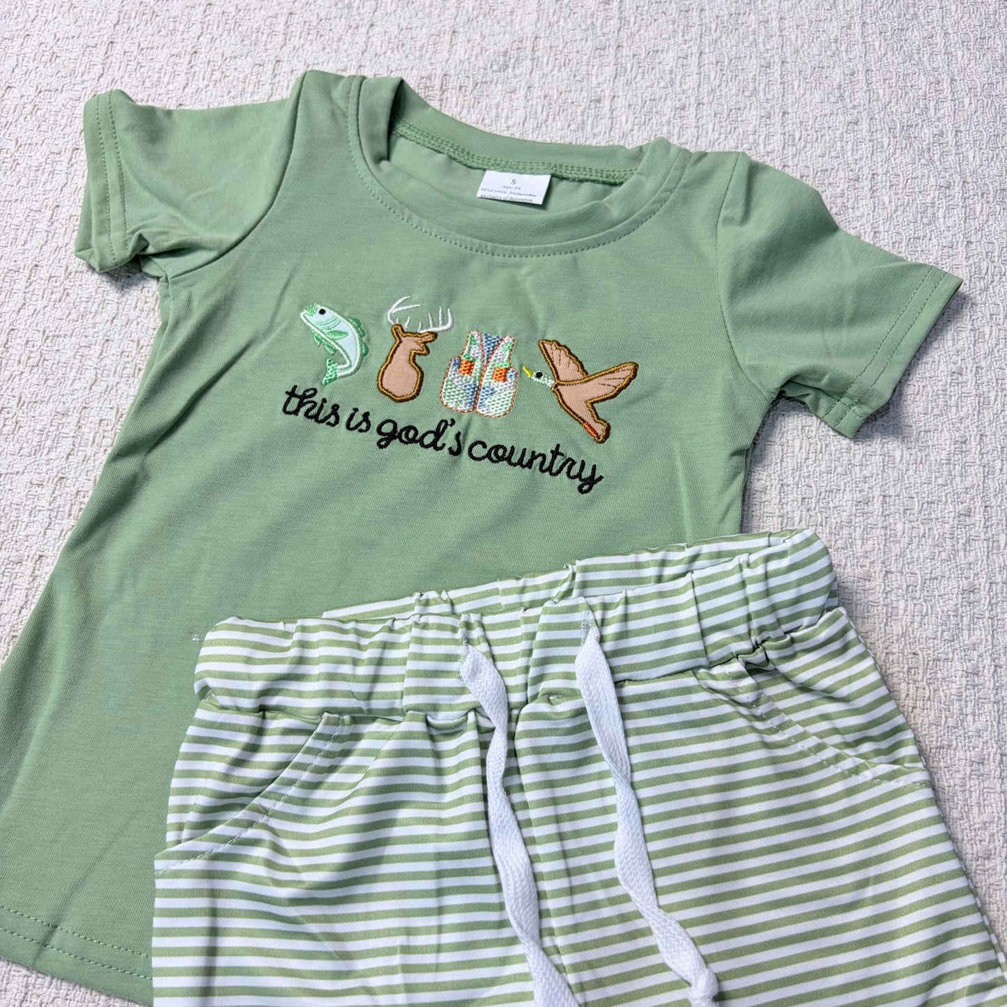 0514 RTS Sibling This is god's country fish deer duck top shorts kids clothes and romper