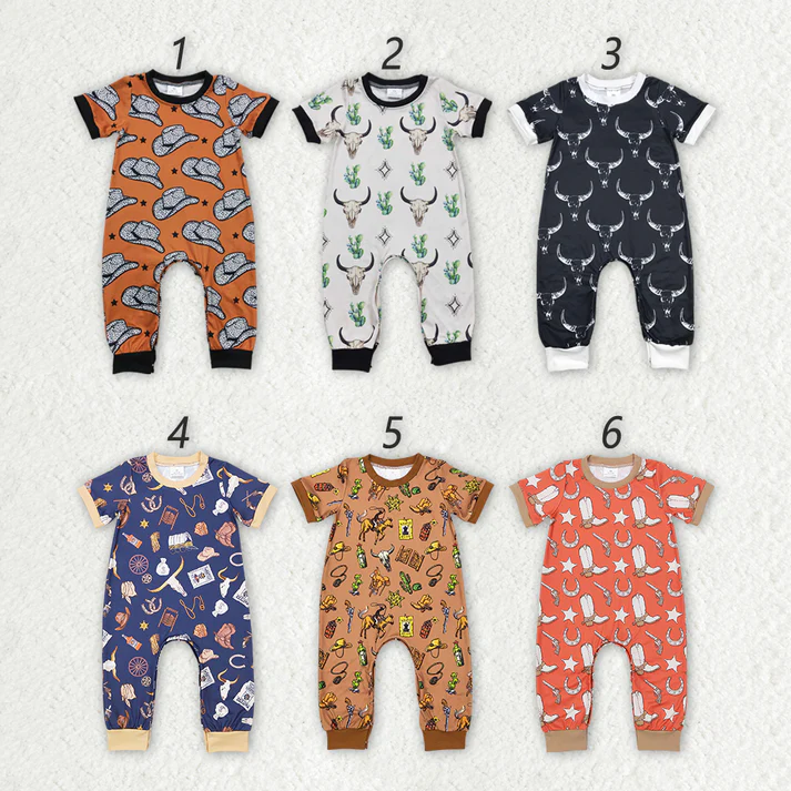 Baby Boys Western Cowboy Hat - Bull Head Pattern Short Sleeve Long Romper