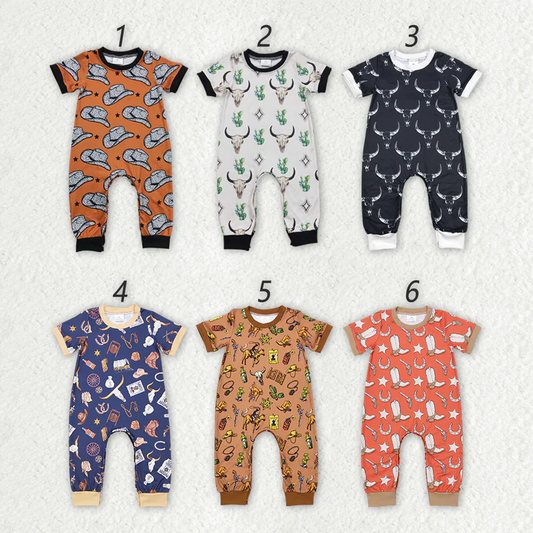 Baby Boys Western Cowboy Hat - Bull Head Pattern Short Sleeve Long Romper