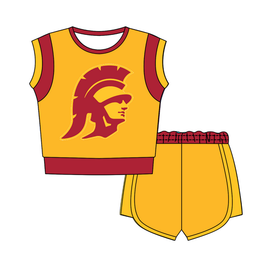 CUSTOM MOQ 5 Cute Comfortable Clothing For Kids Baby Kids Summer Golden Red Sleeveless Patchwork Top Lace-up Shorts Clothes Sets