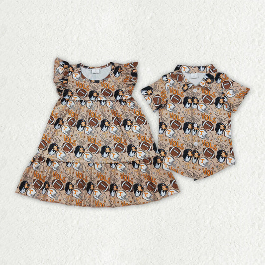 3.26 RTS Sibling Baby Boys Girls Summer Footballs Vols Team Knee Length Dress Button Shirts Top