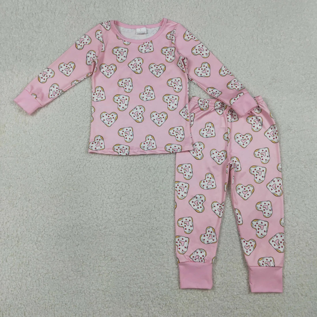 1.14 RTS Sibling Baby Girls Hearts Donuts Top Pants Valentines Pajamas Set Zipper Rompers
