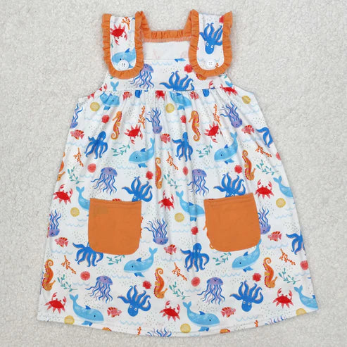 11.8 RTS Sibling Baby Kids Orange Pocket Top Sea Animals Shorts Clothes Sets Knee Length Dresses