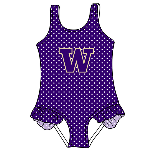 CUSTOM MOQ 5 Cute Comfortable Clothing For Kids Summer Baby Girls Purple W Polka Dots Ruffle Team One Piece Swimsuits
