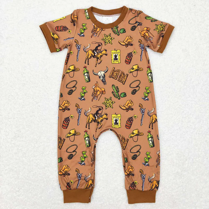 Baby Boys Western Cowboy Hat - Bull Head Pattern Short Sleeve Long Romper