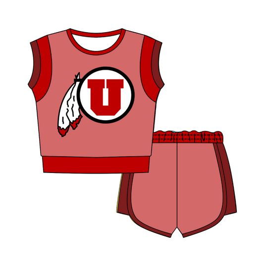 CUSTOM MOQ 5 Cute Comfortable Clothing For Kids Baby Kids Summer Pink U Sleeveless Patchwork Top Lace-up Shorts Clothes Sets