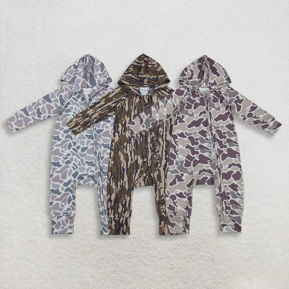 11.22 RTS Sibling Baby Boys Southern Camo Hoodie Two Way Zip Convertible Rompers