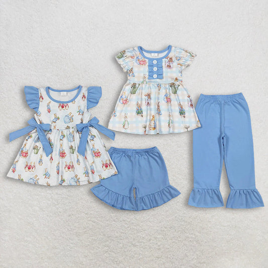 1.15 RTS Sibling Baby Girls Rabbits Button Tunic Ruffle Short Pants Easter Clothes Sets
