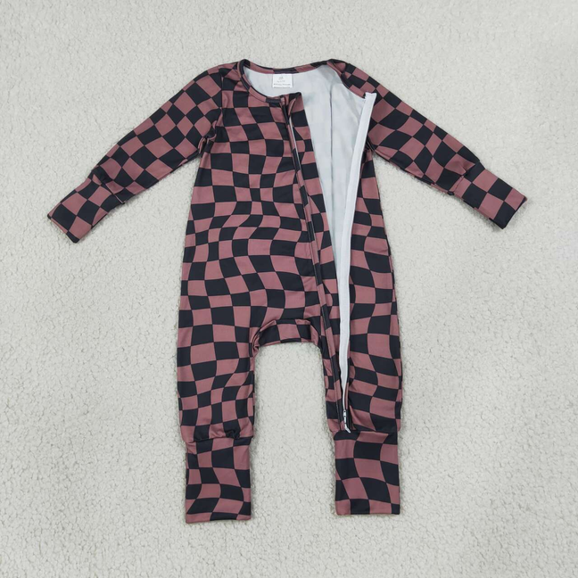 LR3115 RTS NO MOQ （In stock）Baby Boys Brown Black Checked Long Sleeve Two Way Zipper Convertible Casual Rompers