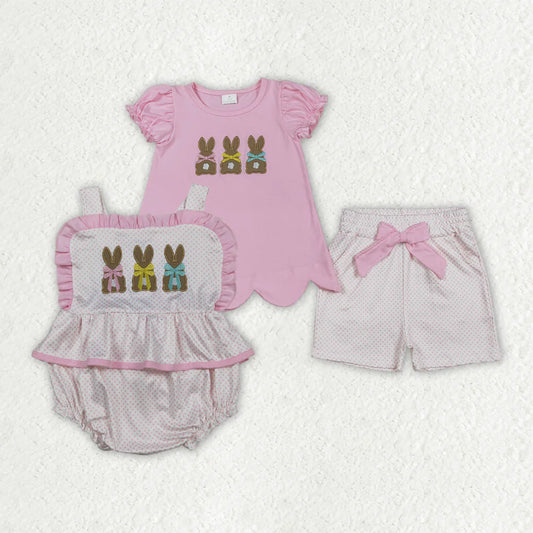 1.21 RTS Sibling Baby Girls Embroidery Bow Rabbits Tunic Pockets Shorts Easter Clothes Set Rompers