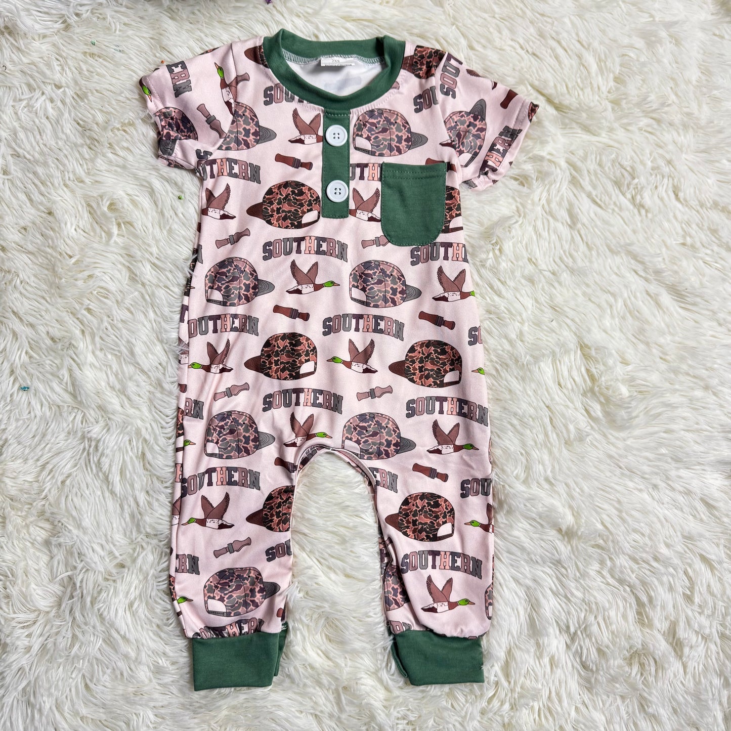 12.13 RST SR3245 Baby Boys Camo Hats Ducks Button Pocket Southern Footie Rompers