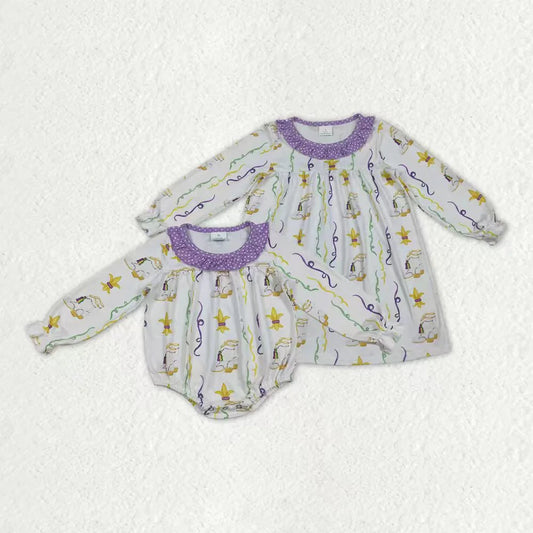 10.14 RTS Sibling Baby Girls Mardigras Anchors Stripe Ruffle Collar Knee Length Dresses Rompers
