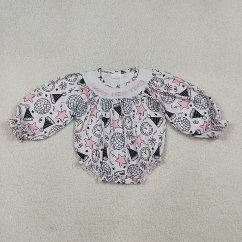 10.17 RTS Sibling Embroidery Happy New Year Baby Girls Knee Length Dresses Ruffle Rompers