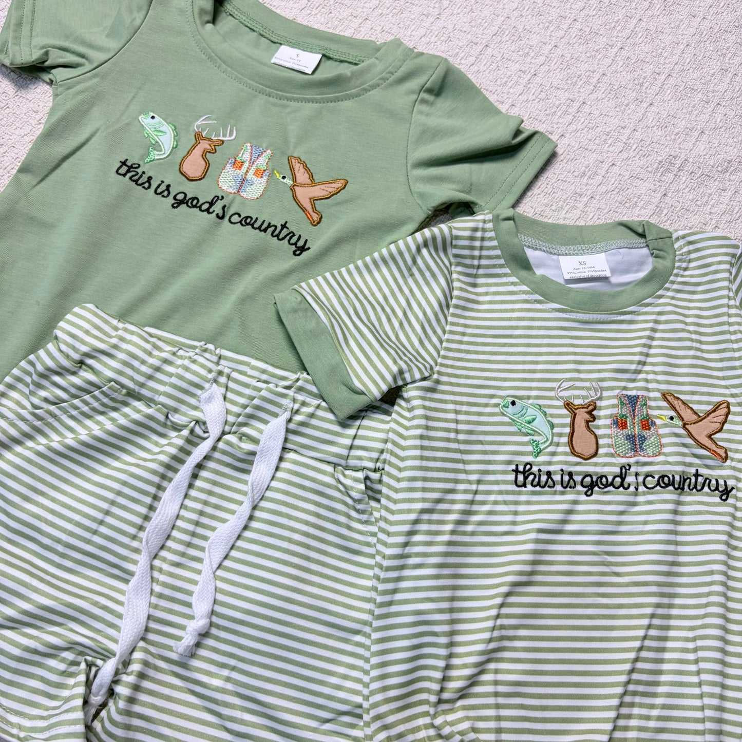 0514 RTS Sibling This is god's country fish deer duck top shorts kids clothes and romper