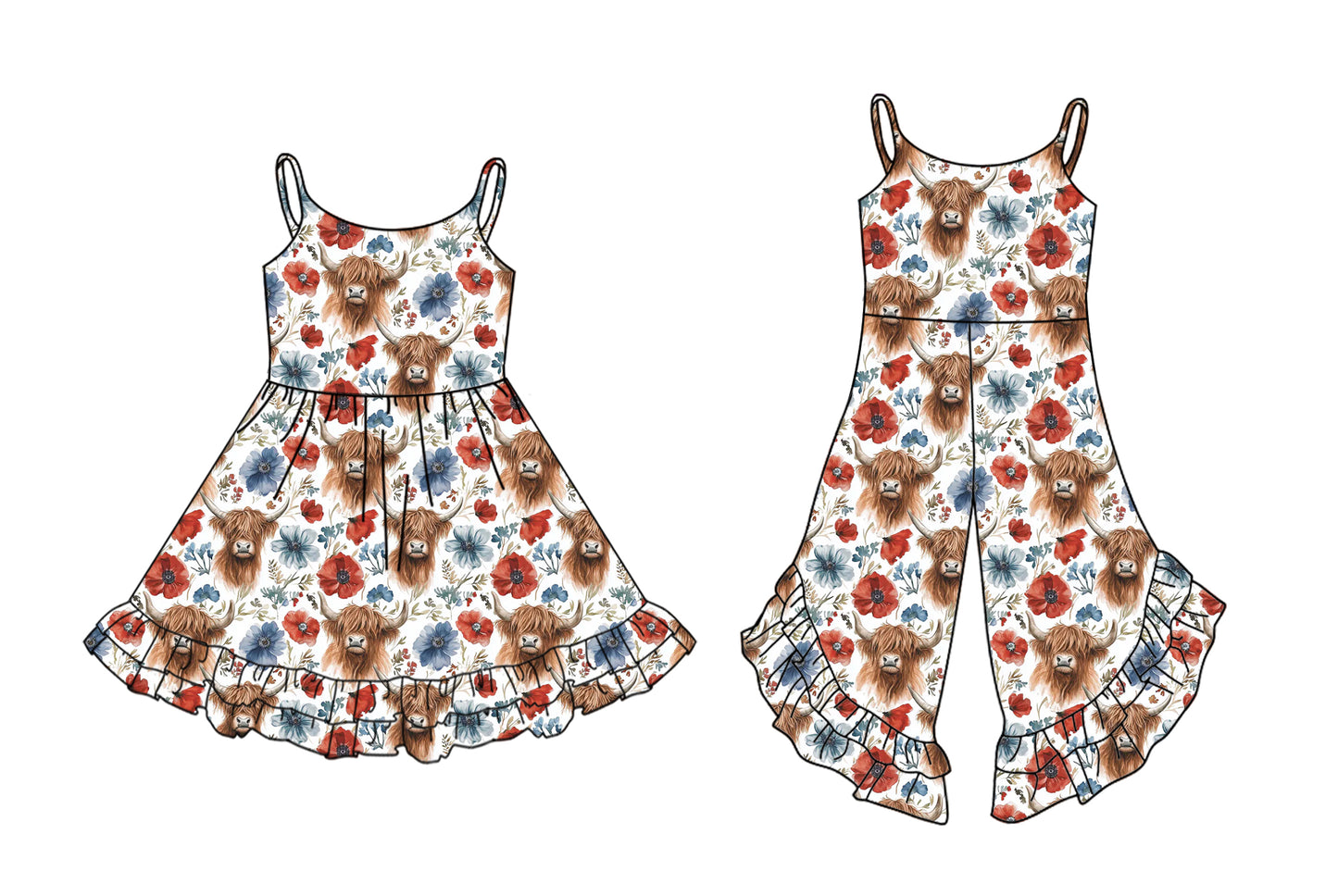 Girls Highland Cow Red Blue Floral Jumpsuit with Straps for 4th of July Celebration