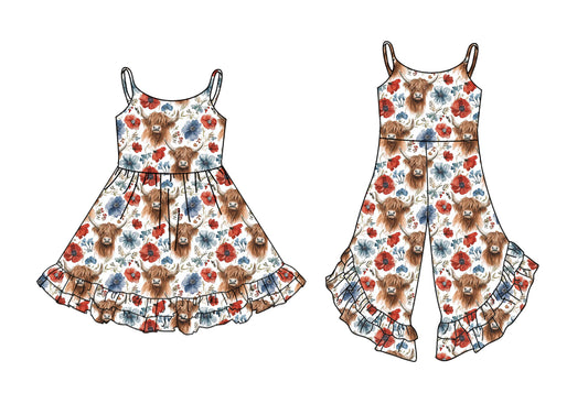 Girls Highland Cow Red Blue Floral Jumpsuit with Straps for 4th of July Celebration