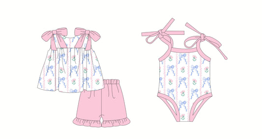 Girls' Floral Tunic, Pink Strap, Light Blue, Bow, Shorts, Clothes