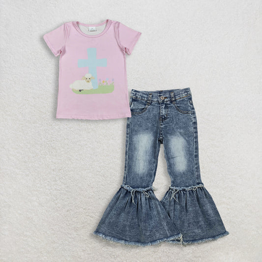 3.6 RTS NO MOQ （In stock）GT1394 + P0676 Baby Girls Pink Short Sleeve Cross Sheep Easter T-shirts Top Denim Pants Jeans Clothes Sets