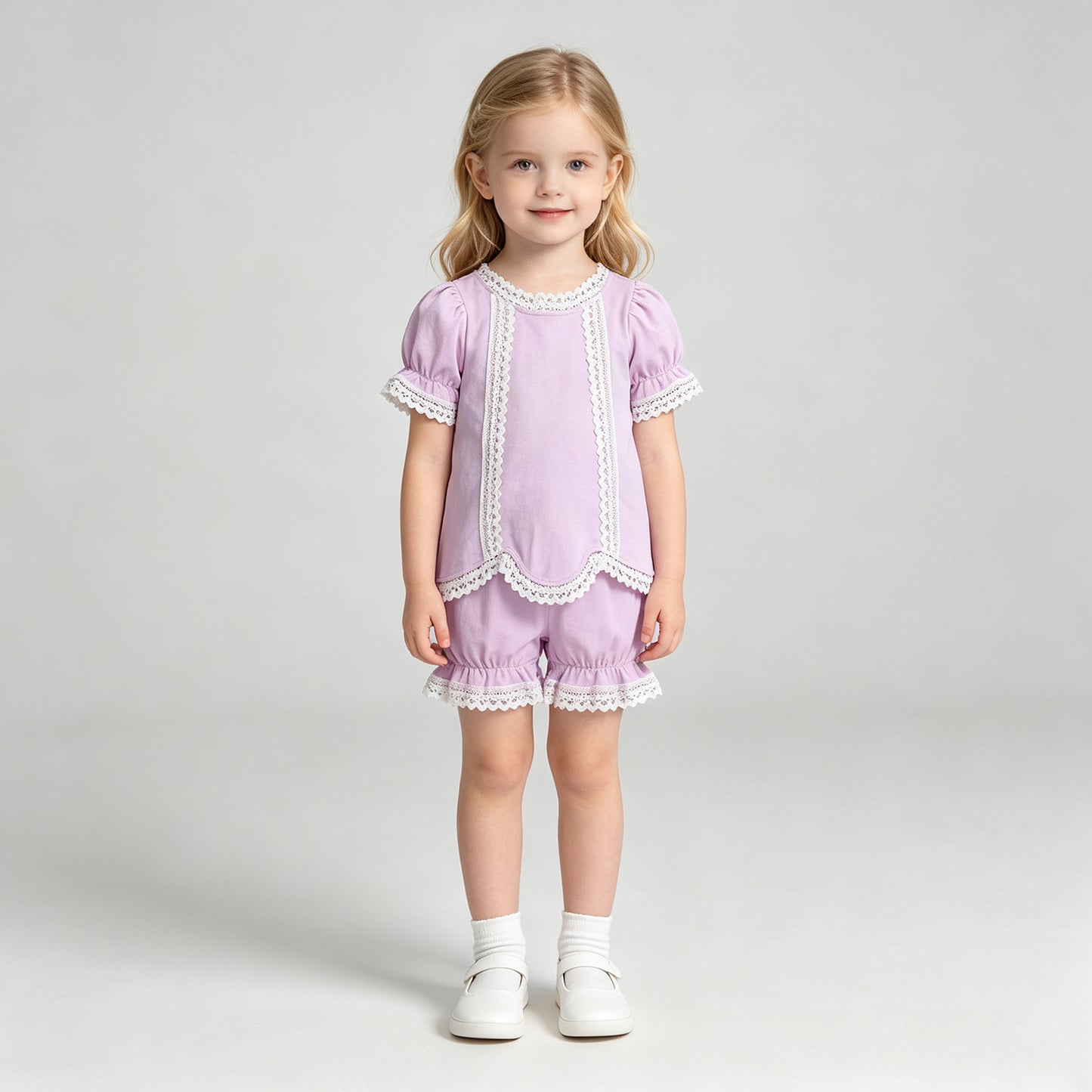 GSSO3681 RTS NO MOQ （In stock）Short sleeves pink cotton lace top shorts girls summer outfits