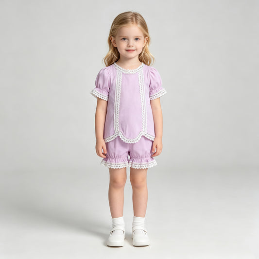 GSSO3681 RTS NO MOQ （In stock）Short sleeves pink cotton lace top shorts girls summer outfits