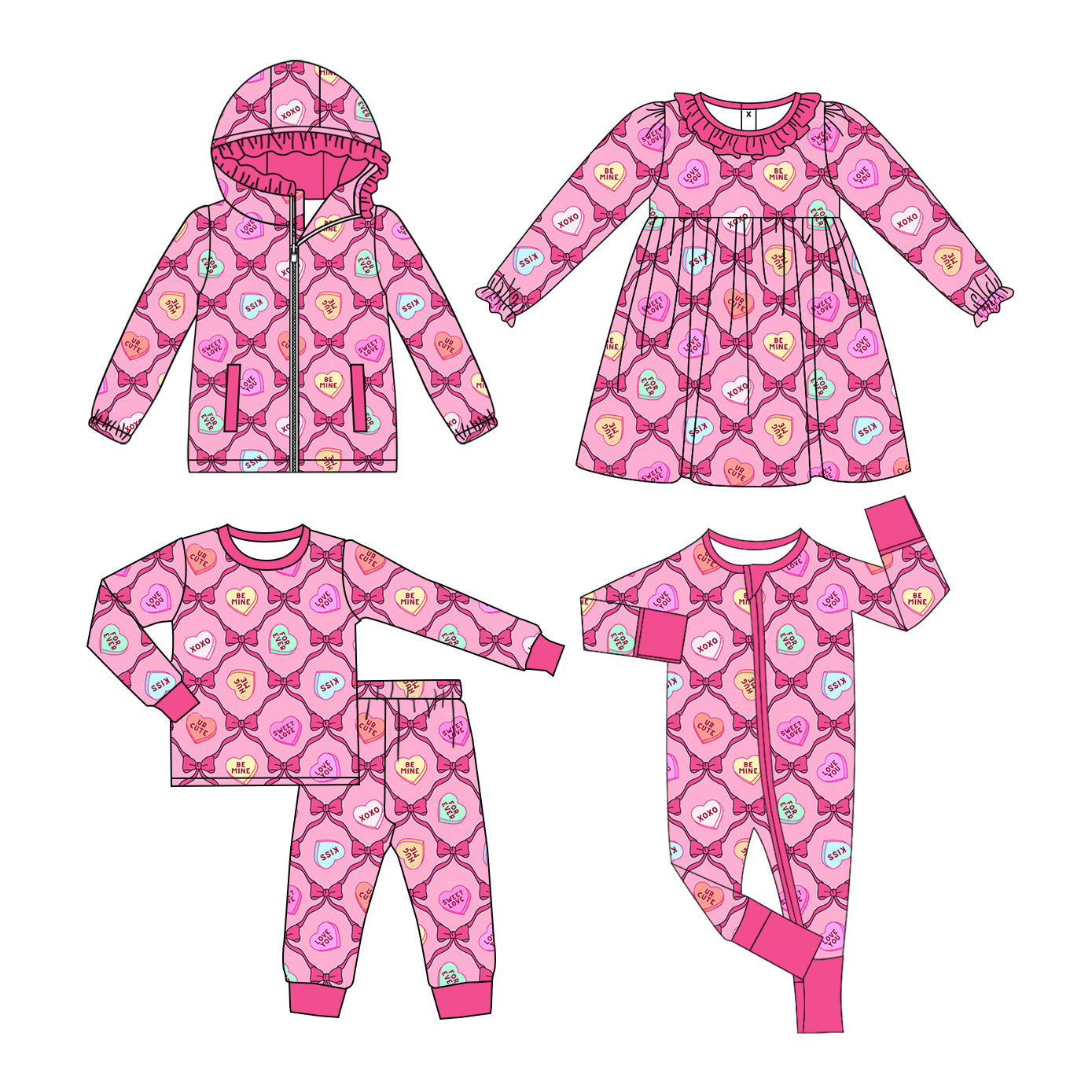 Baby Girls Valentines Day xoxo Heart Bow Zip Up Onesie-Long Sleeve Outfit-Dress-Hooded Zip Up Top Mixed Sizes Pre-Order