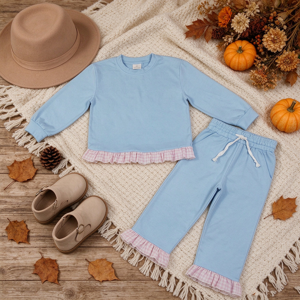 RTS NO MOQ （In stock）cotton GLP3753 Baby Girls Light Blue Long Sleeve Top Ruffle Pant Clothes Set