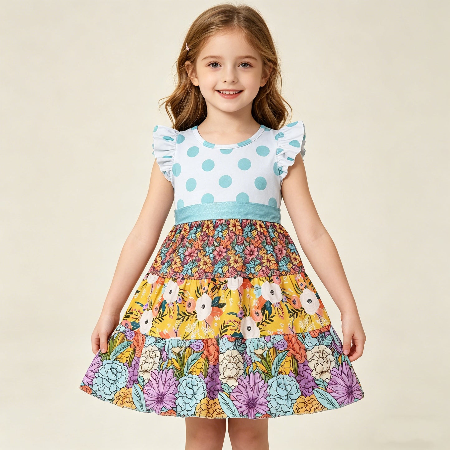 4.11 GSD4091 RTS NO MOQ （In stock ）Baby Girls Flutter Sleeve Colorful Flowers Patchwork Knee Length Dresses
