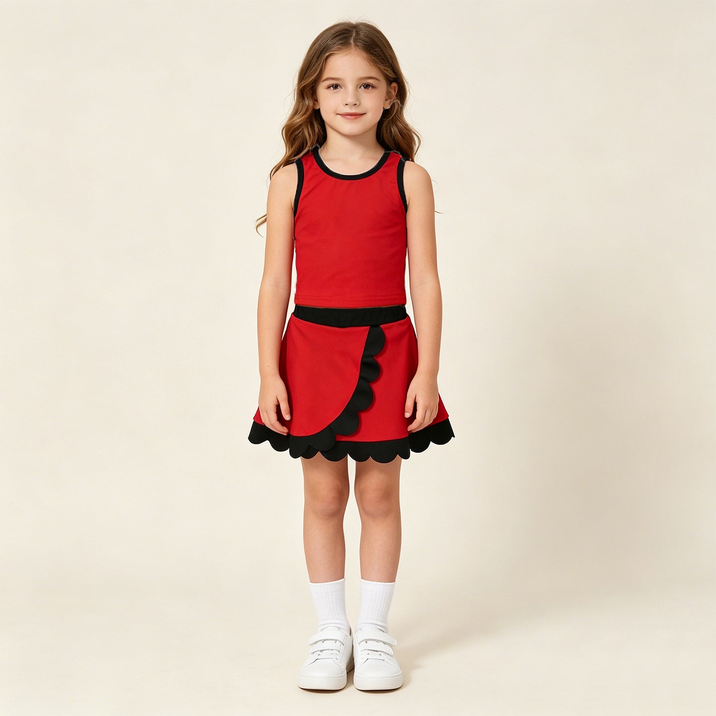GSD4028 RTS NO MOQ （In stock ）Sleeveless red black scallop girls team active wear set