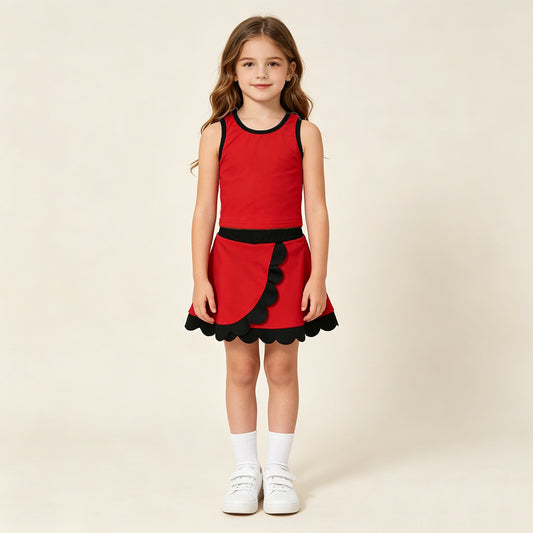 GSD4028 RTS NO MOQ （In stock ）Sleeveless red black scallop girls team active wear set