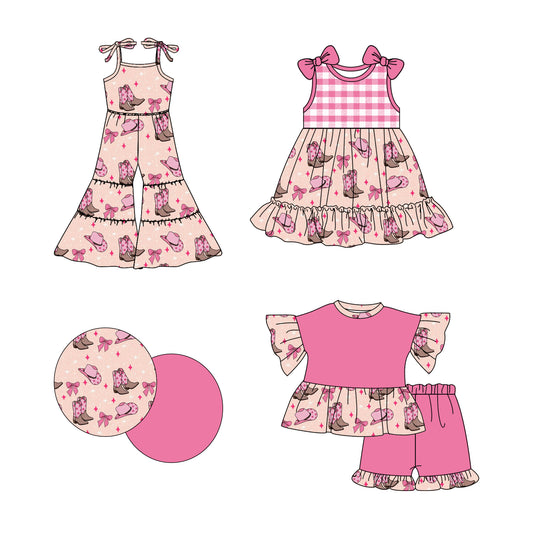 Girls’ Charming Short-Sleeved Outfit in Pink, with Western Boots, Hat and Bow