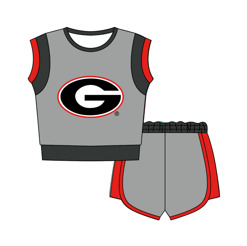 CUSTOM MOQ 5 Cute Comfortable Clothing For Kids Baby Kids Summer Grey G Sleeveless Patchwork Top Shorts Clothes Sets