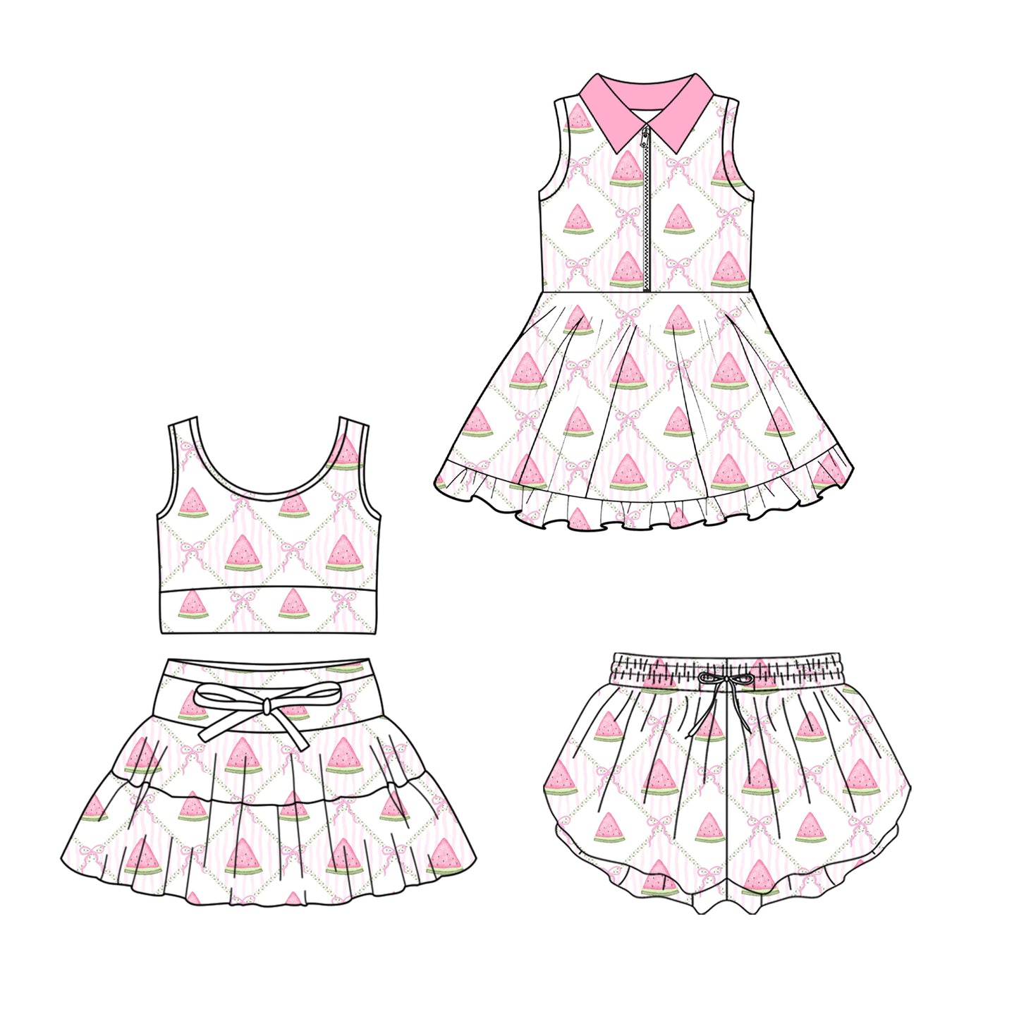 CUSTOM MOQ 5 Sibling Baby Girls Light Pink Watermelon Sleeveless Skirt Yoga Active Knee Length Dresses Shorts Clothes Sets